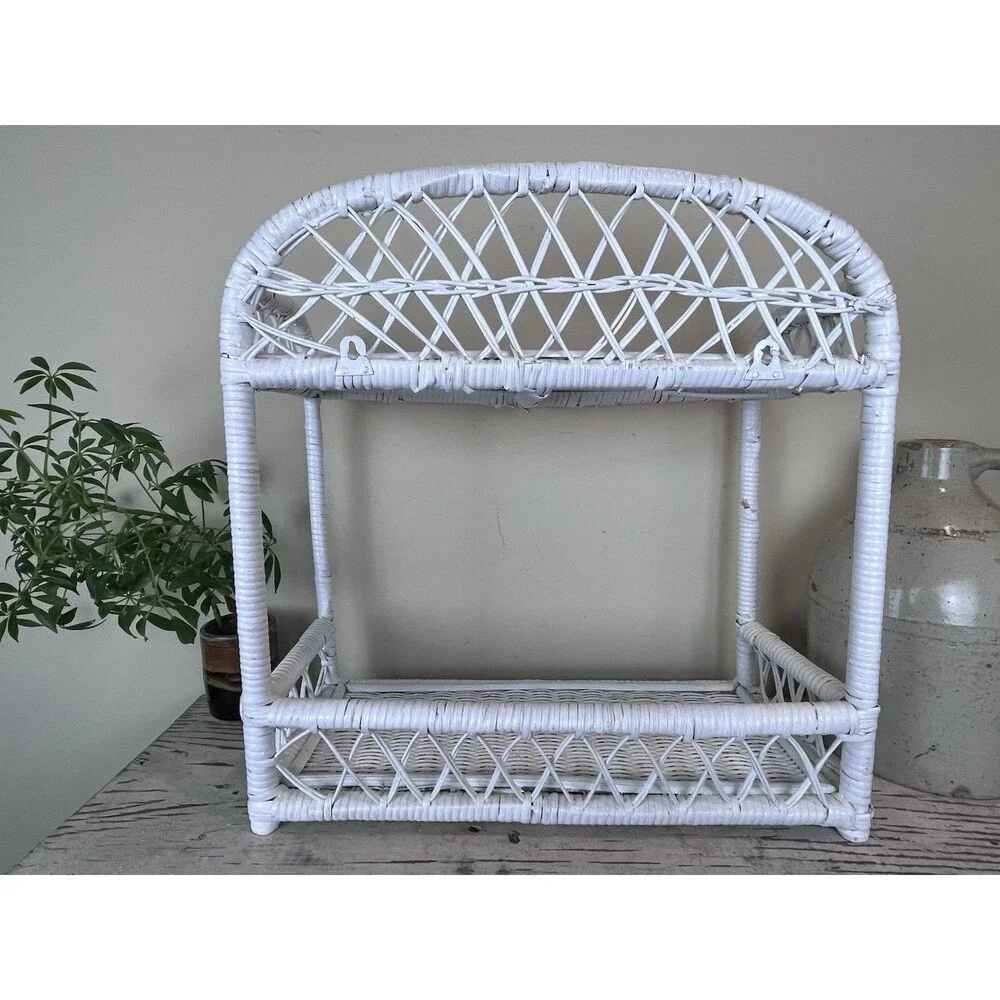 Vintage White Woven Wicker Two Tiered French Style Shelf 18”x18” Retro Boho